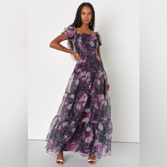 New! Lulus Delightful Expression Floral Organza Tiered Maxi Dress 20744 - Picture 1 of 14